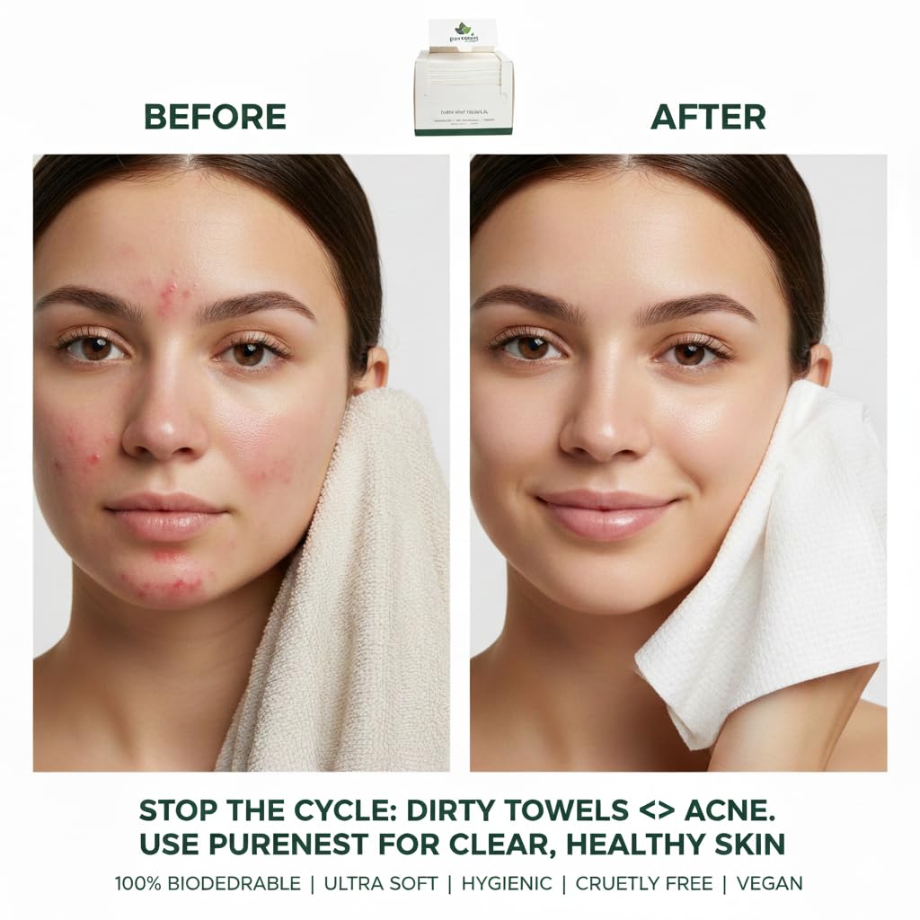 PureNest Clean Face Towels XL – 100% Biodegradable Ultra-Soft Viscose Disposable Facial Towels, Textured & Smooth Sides, Chemical-Free, Vegan, Cruelty-Free – 50 Count