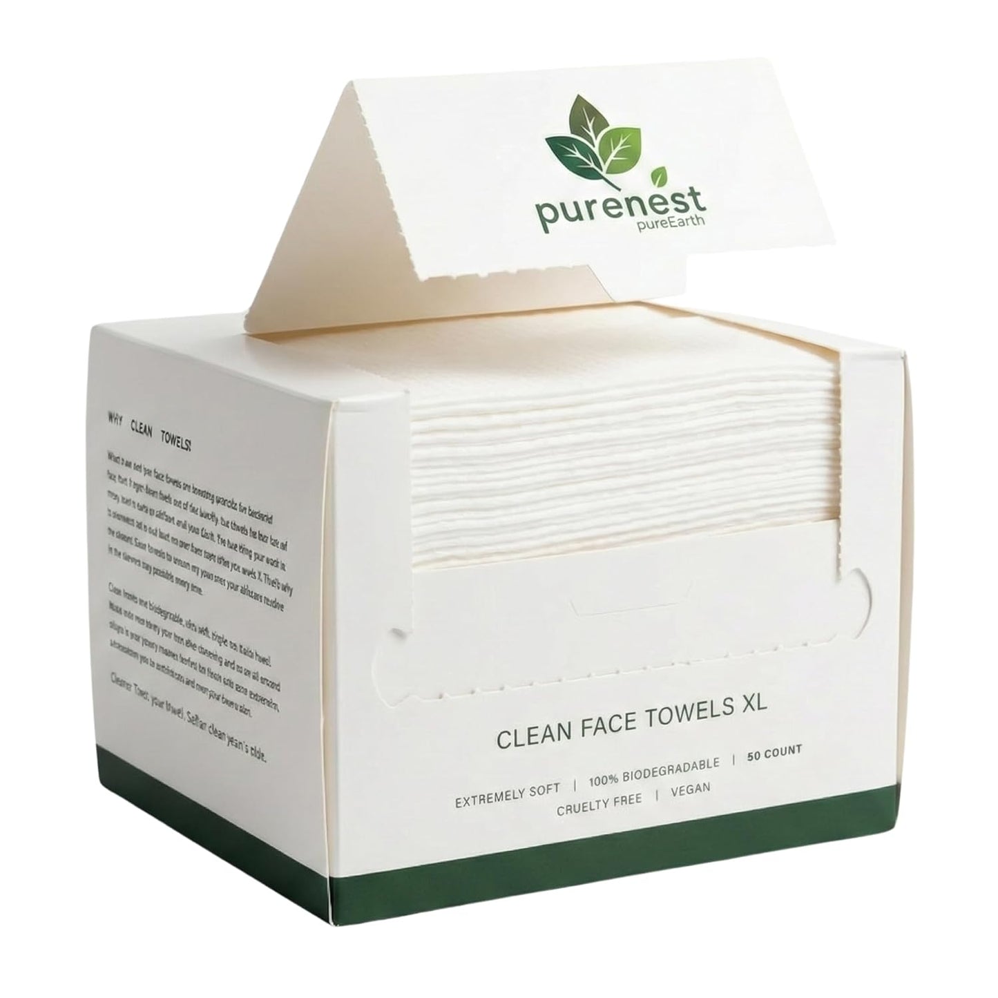 PureNest Clean Face Towels XL – 100% Biodegradable Ultra-Soft Viscose Disposable Facial Towels, Textured & Smooth Sides, Chemical-Free, Vegan, Cruelty-Free – 50 Count